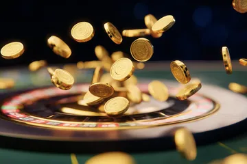 A close-up shot of golden coins falling around a spinning roulette wheel, representing immersive casino action at CD33.